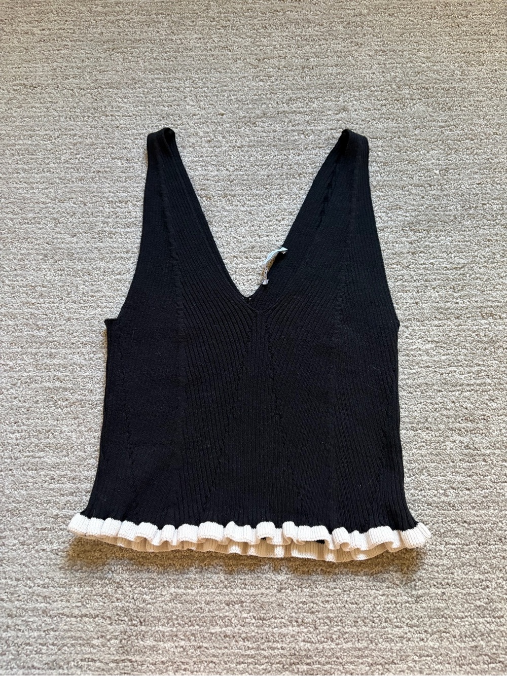 Zara Black V-Neck Knit Tank with Cream Ruffle Trim